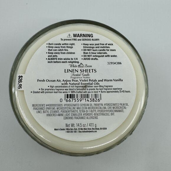 Bath & Body Works NEW Linen Sheets 3-wick candle White Barn - Picture 3 of 4